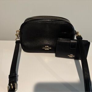 Coach Jes Black Pebble Leather Double Zip Crossbody Bag F39856 & wallet